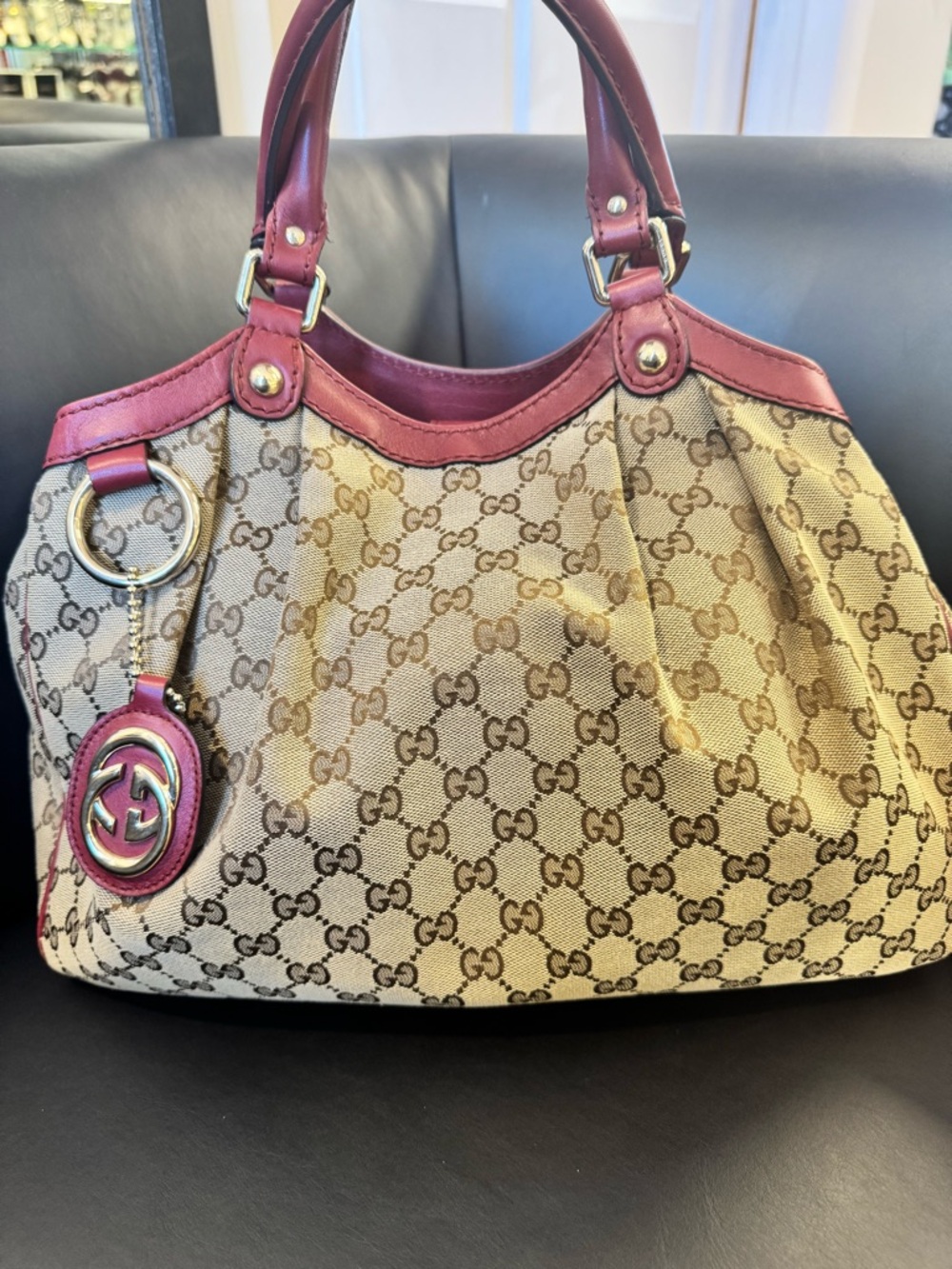 Authentic Gucci Beige GG Canvas Shoulder Bag with RedTrim